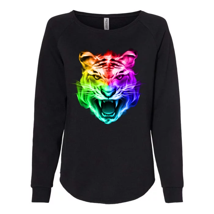 Head of Tiger Blazing in Spectrum Fire Womens California Wash Sweatshirt