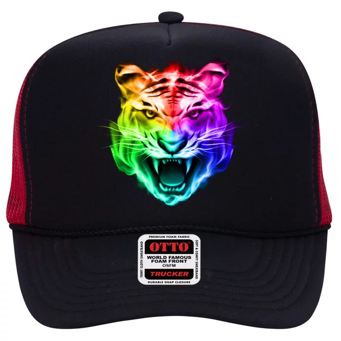 Head of Tiger Blazing in Spectrum Fire High Crown Mesh Trucker Hat