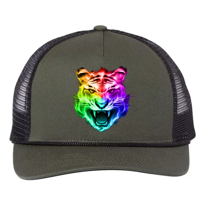 Head of Tiger Blazing in Spectrum Fire Retro Rope Trucker Hat Cap