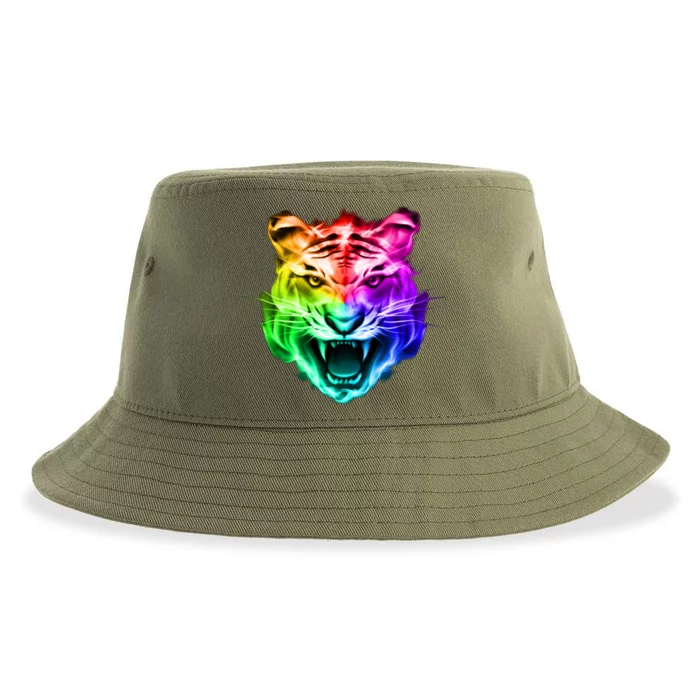 Head of Tiger Blazing in Spectrum Fire Sustainable Bucket Hat