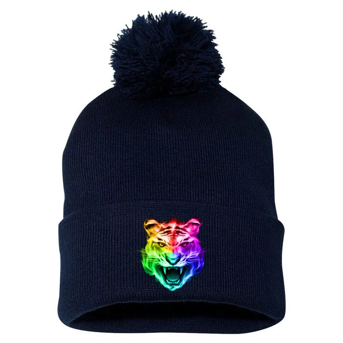 Head of Tiger Blazing in Spectrum Fire Pom Pom 12in Knit Beanie