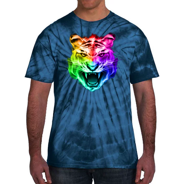 Head of Tiger Blazing in Spectrum Fire Tie-Dye T-Shirt