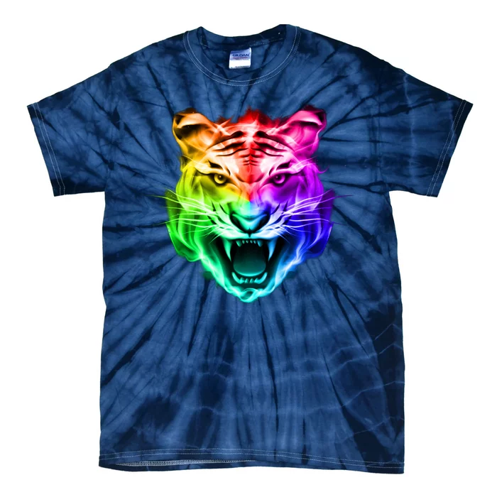 Head of Tiger Blazing in Spectrum Fire Tie-Dye T-Shirt