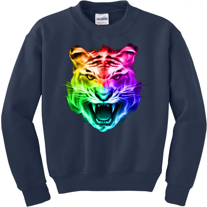 Head of Tiger Blazing in Spectrum Fire Kids Sweatshirt