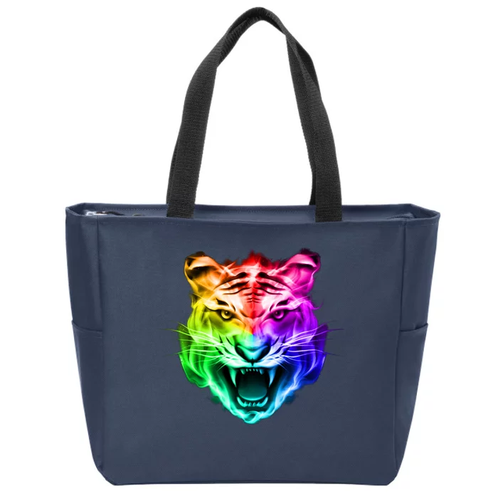 Head of Tiger Blazing in Spectrum Fire Zip Tote Bag