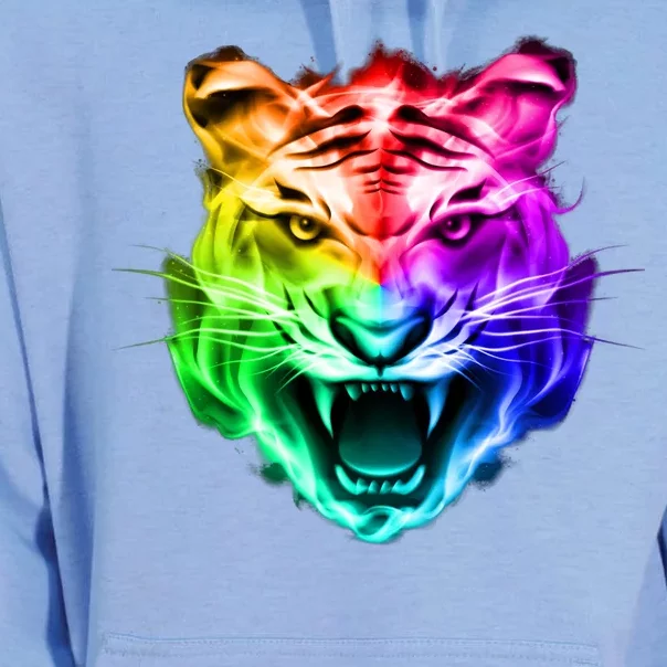 Head of Tiger Blazing in Spectrum Fire Unisex Surf Hoodie