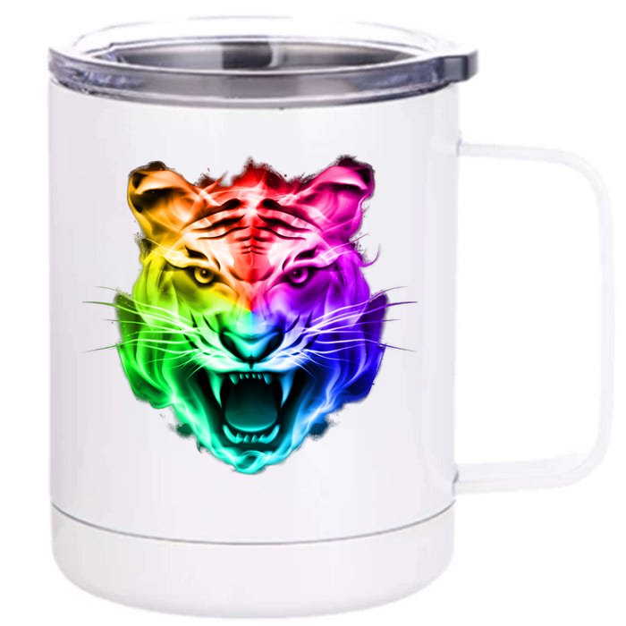 Head of Tiger Blazing in Spectrum Fire Front & Back 12oz Stainless Steel Tumbler Cup