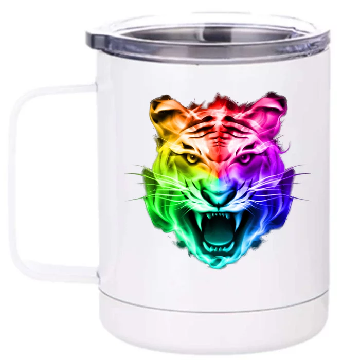 Head of Tiger Blazing in Spectrum Fire Front & Back 12oz Stainless Steel Tumbler Cup