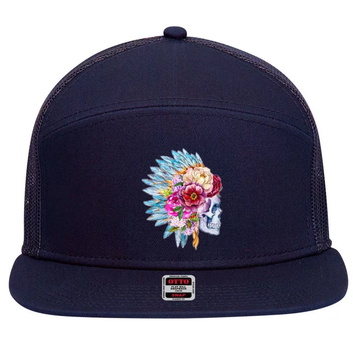 Headdress Floral Skull 7 Panel Mesh Trucker Snapback Hat