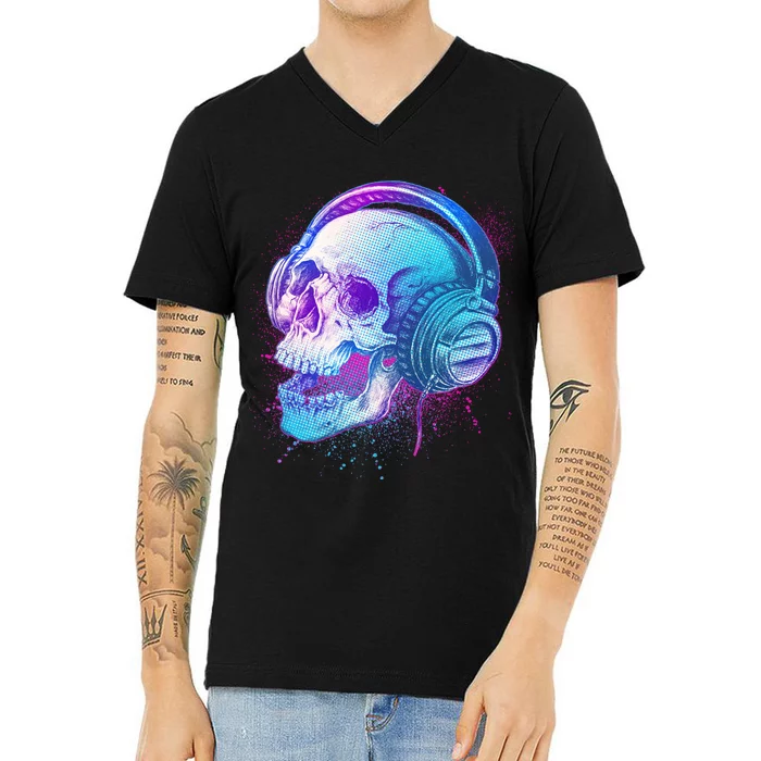 Headphones Music Lover Skull V-Neck T-Shirt