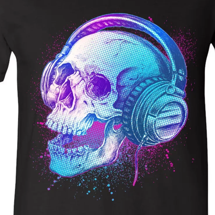 Headphones Music Lover Skull V-Neck T-Shirt