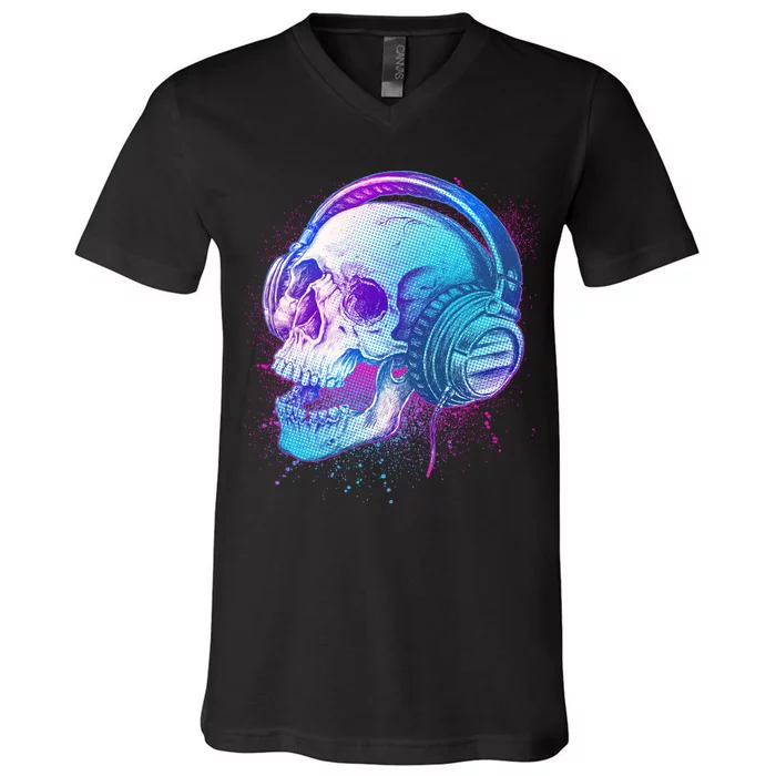 Headphones Music Lover Skull V-Neck T-Shirt