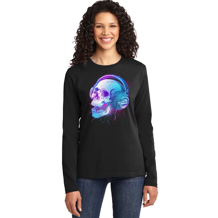 Headphones Music Lover Skull Ladies Long Sleeve Shirt