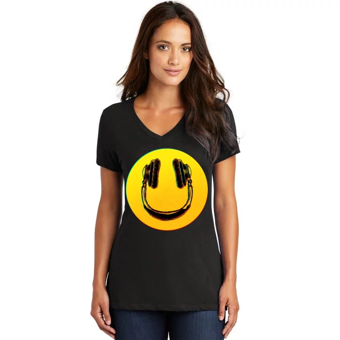 Headphones Smiley Women's V-Neck T-Shirt