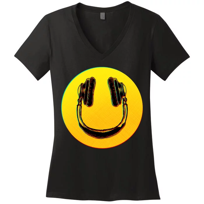 Headphones Smiley Women's V-Neck T-Shirt