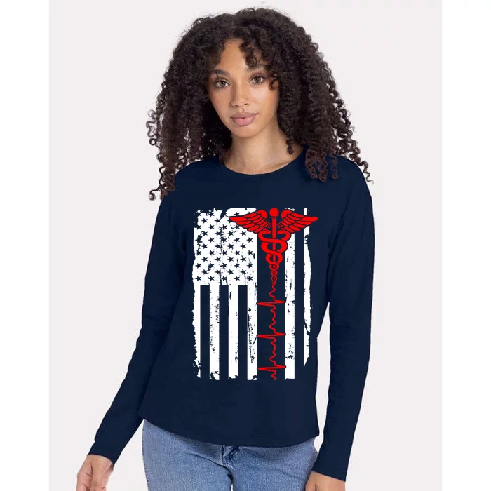 Healthcare Front line US Flag Womens Cotton Relaxed Long Sleeve T-Shirt