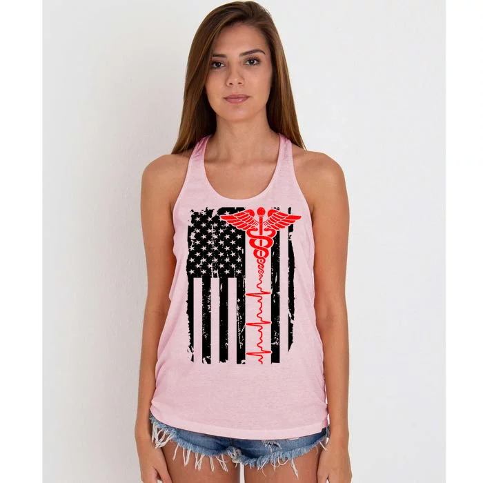 Healthcare Front line US Flag Women's Knotted Racerback Tank