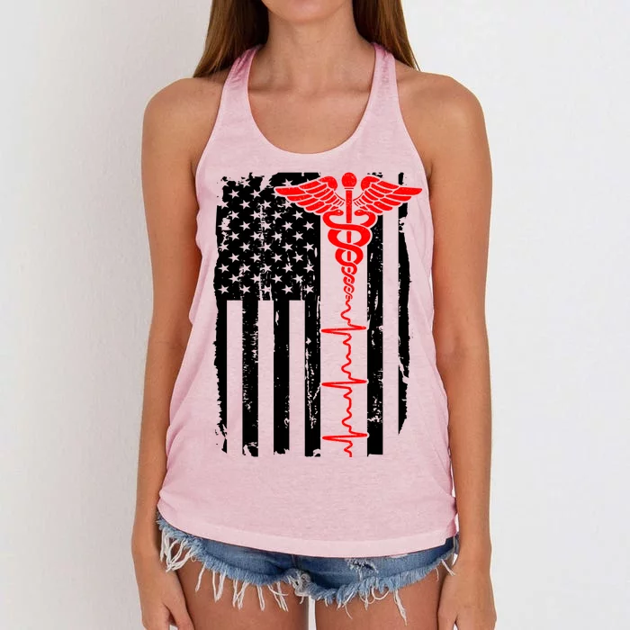 Healthcare Front line US Flag Women's Knotted Racerback Tank