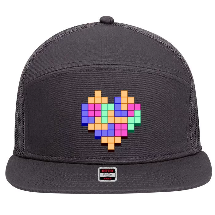 Heart Block Game Valentine's Day Gamer Love 7 Panel Mesh Trucker Snapback Hat