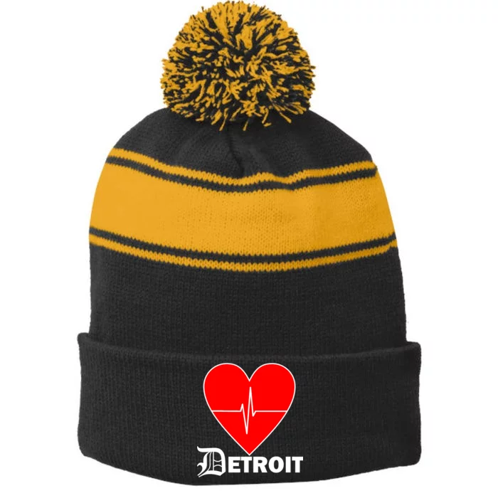 Heart Detroit Pulse Stripe Pom Pom Beanie