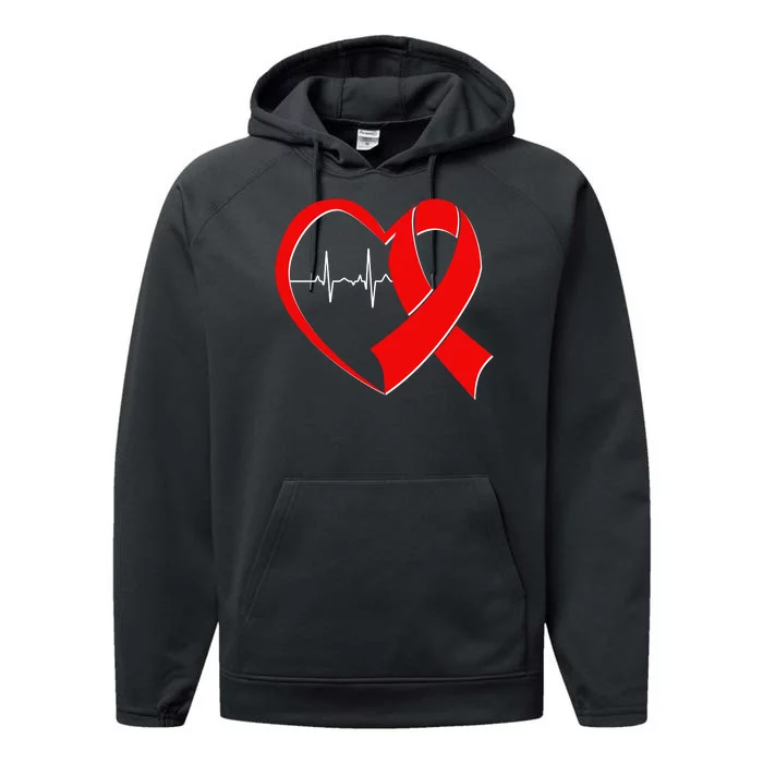 Heart Disease Health Awareness Heartbeat Red Ribbon Performance Fleece Hoodie