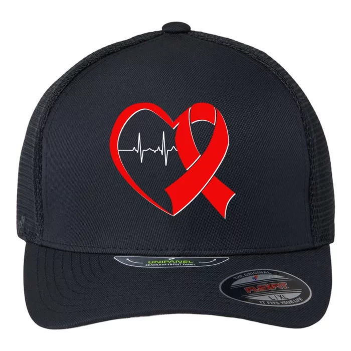 Heart Disease Health Awareness Heartbeat Red Ribbon Flexfit Unipanel Trucker Cap