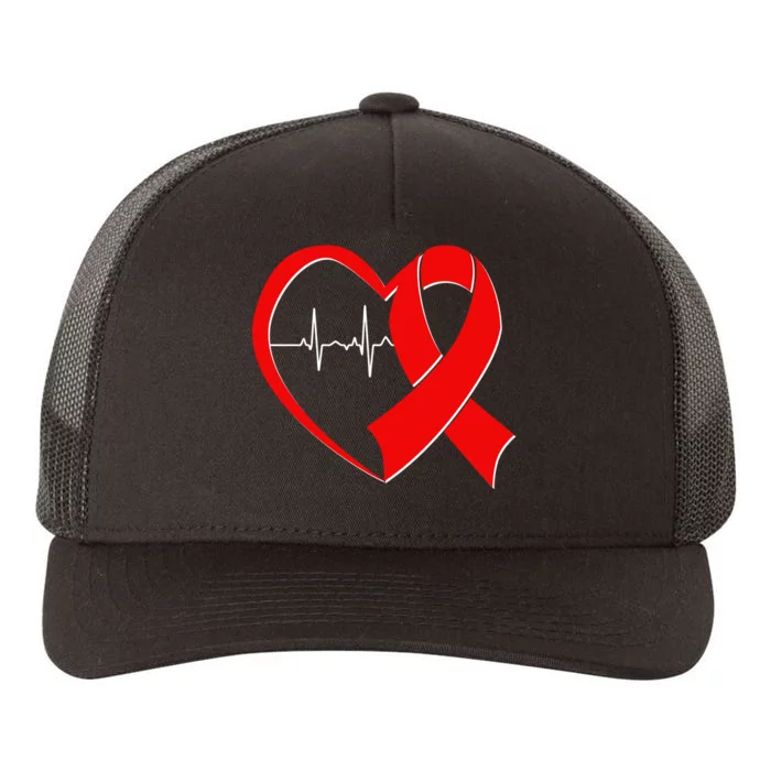 Heart Disease Health Awareness Heartbeat Red Ribbon Yupoong Adult 5-Panel Trucker Hat