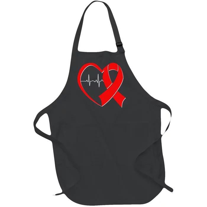 Heart Disease Health Awareness Heartbeat Red Ribbon Full-Length Apron With Pocket