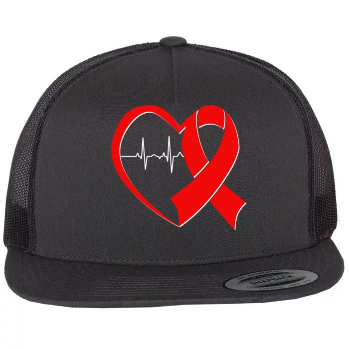 Heart Disease Health Awareness Heartbeat Red Ribbon Flat Bill Trucker Hat