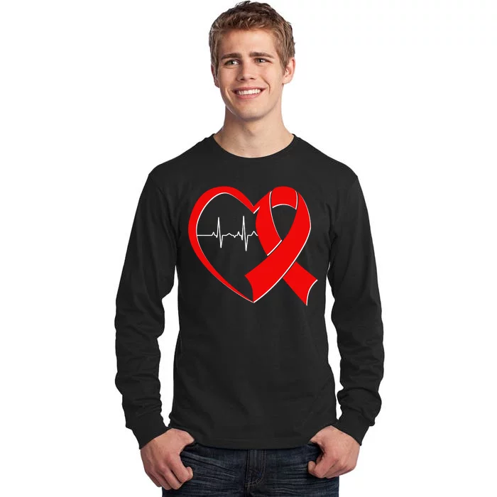 Heart Disease Health Awareness Heartbeat Red Ribbon Tall Long Sleeve T-Shirt