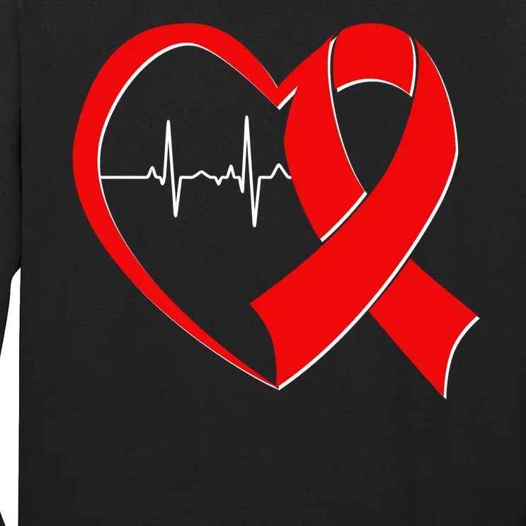 Heart Disease Health Awareness Heartbeat Red Ribbon Tall Long Sleeve T-Shirt