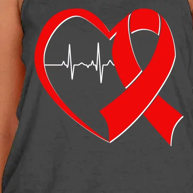 Heart Disease Health Awareness Heartbeat Red Ribbon Women's Knotted Racerback Tank