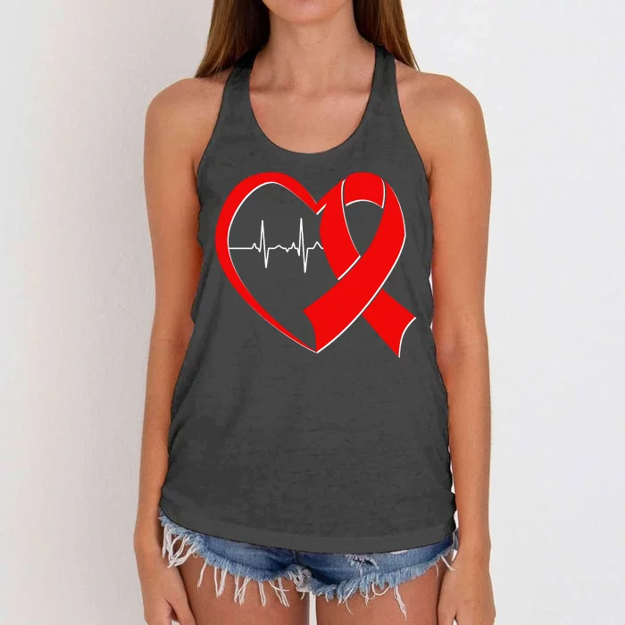 Heart Disease Health Awareness Heartbeat Red Ribbon Women's Knotted Racerback Tank