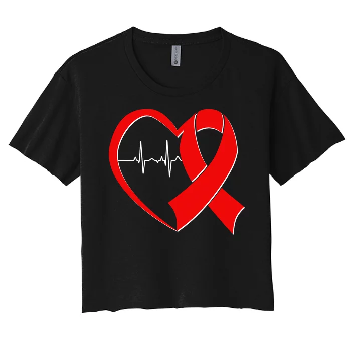 Heart Disease Health Awareness Heartbeat Red Ribbon Women's Crop Top Tee