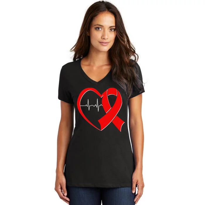 Heart Disease Health Awareness Heartbeat Red Ribbon Women's V-Neck T-Shirt