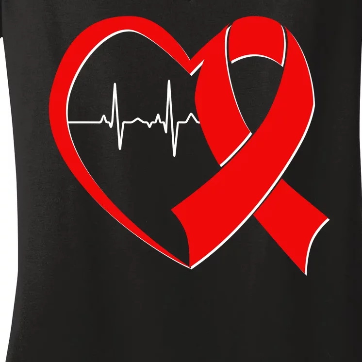 Heart Disease Health Awareness Heartbeat Red Ribbon Women's V-Neck T-Shirt