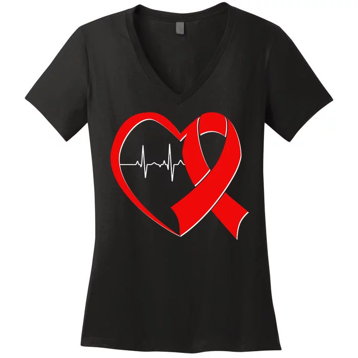 Heart Disease Health Awareness Heartbeat Red Ribbon Women's V-Neck T-Shirt