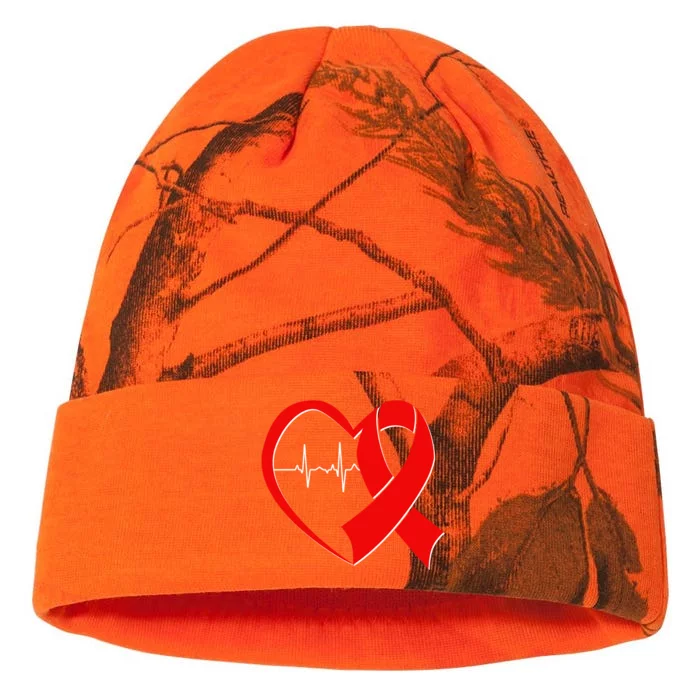 Heart Disease Health Awareness Heartbeat Red Ribbon Kati - 12in Camo Beanie