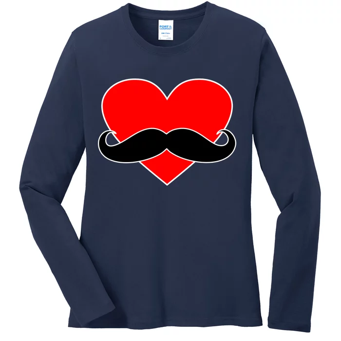 Heart Mustache Funny Valentine's Day Logo Ladies Long Sleeve Shirt