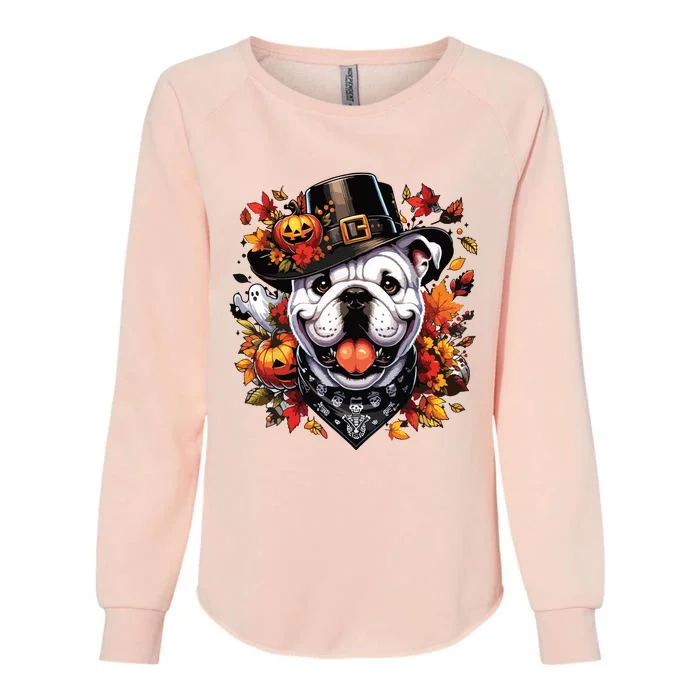 Halloween English Bulldog Fall Leaves Pumpkins Ghost Women Womens California Wash Sweatshirt