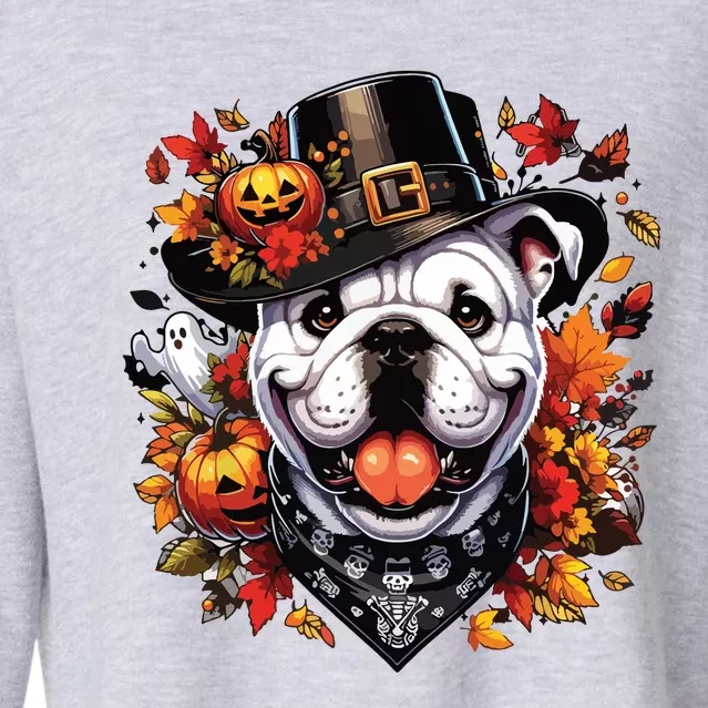 Halloween English Bulldog Fall Leaves Pumpkins Ghost Women Cropped Pullover Crew