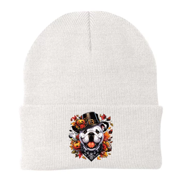 Halloween English Bulldog Fall Leaves Pumpkins Ghost Women Knit Cap Winter Beanie