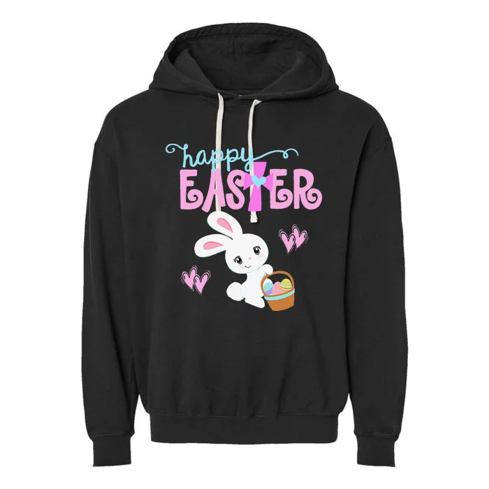 HAPPY EASTER Bunny Rabbit Egg Hunt Basket Christian Cross Garment-Dyed Fleece Hoodie