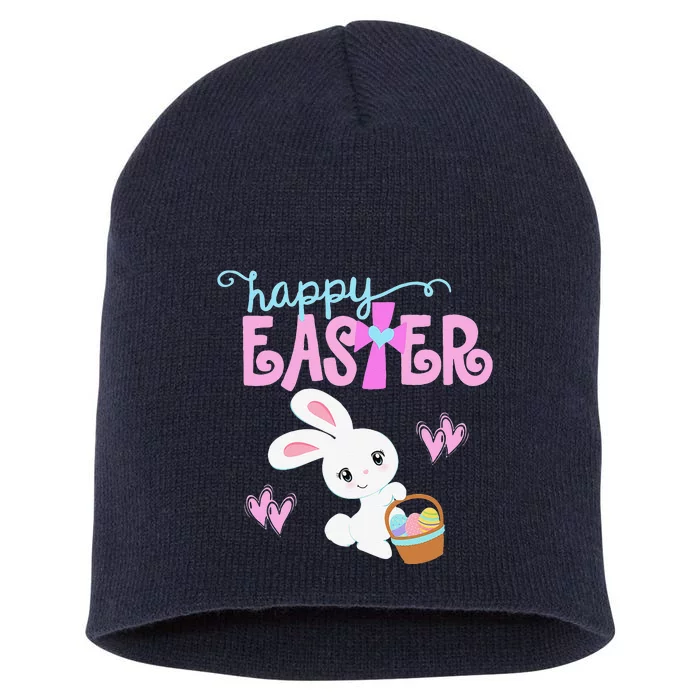 HAPPY EASTER Bunny Rabbit Egg Hunt Basket Christian Cross Short Acrylic Beanie