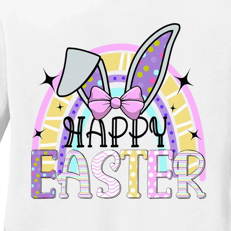 Happy Easter Bunny Rabbit Face Funny Easter Day Rainbow Ladies Long Sleeve Shirt