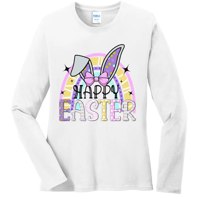 Happy Easter Bunny Rabbit Face Funny Easter Day Rainbow Ladies Long Sleeve Shirt