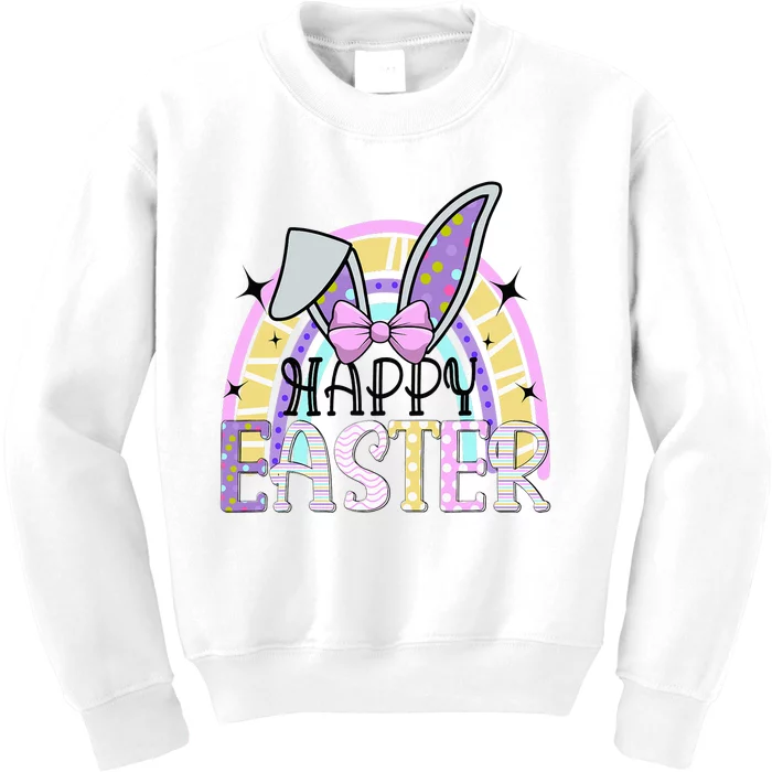 Happy Easter Bunny Rabbit Face Funny Easter Day Rainbow Kids Sweatshirt