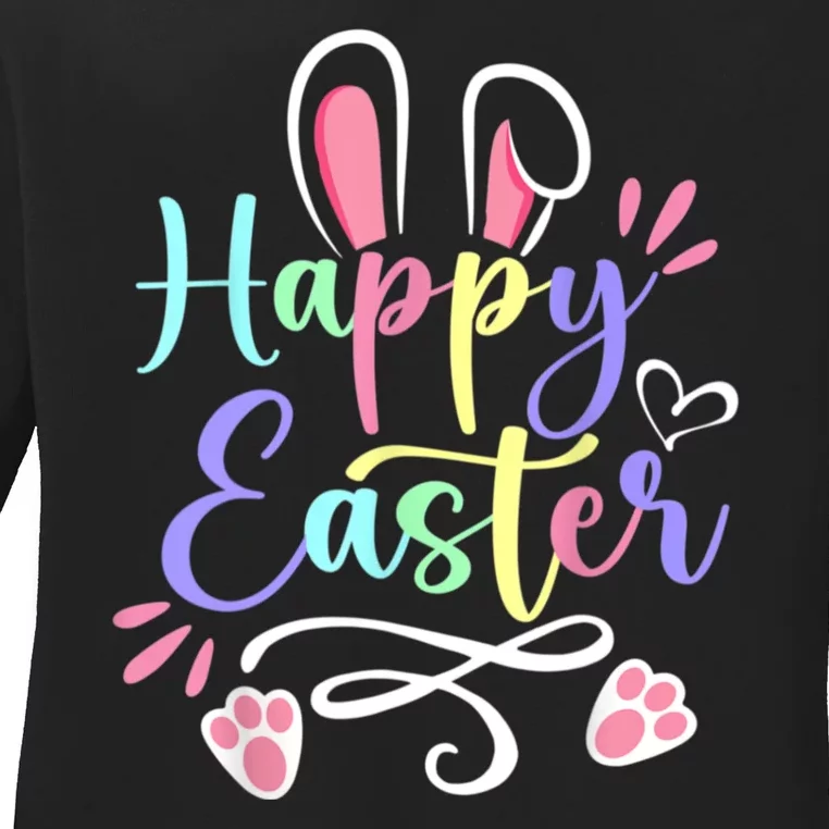 Happy Easter Bunny Rabbit Face Funny Easter Day Ladies Long Sleeve Shirt