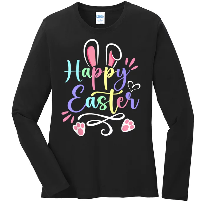 Happy Easter Bunny Rabbit Face Funny Easter Day Ladies Long Sleeve Shirt