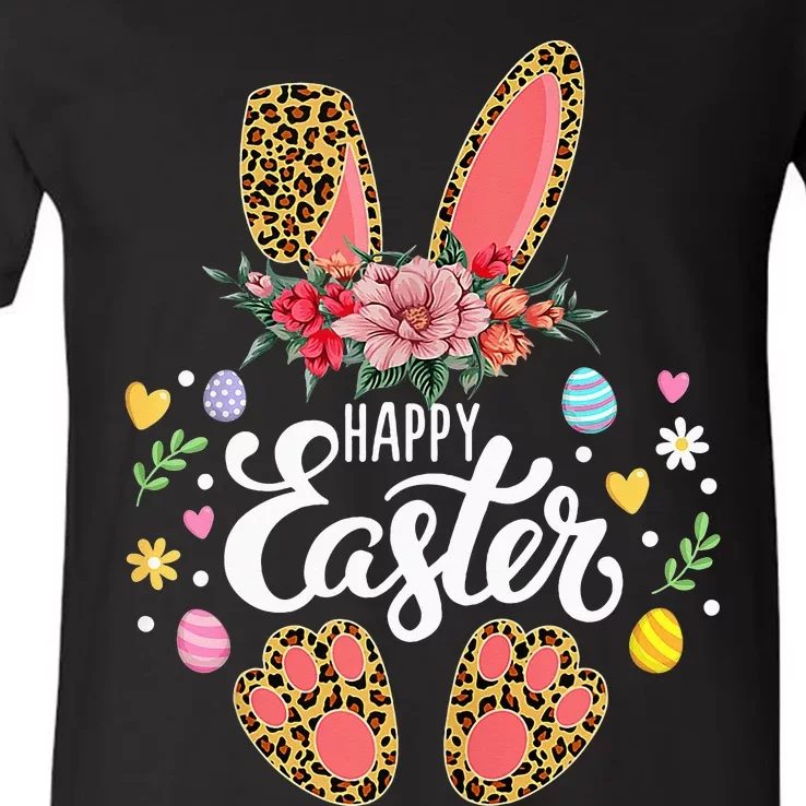 Happy Easter Bunny Leopard Easter Egg Hunt Squad Easter Day V-Neck T-Shirt